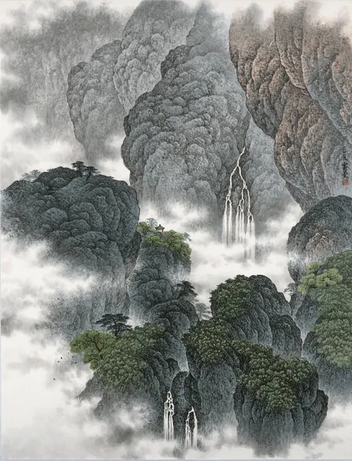 Hou Xiantang’s 'A Majestic Vista' features distant mountains commanding attention with a cascading waterfall and wandering clouds.