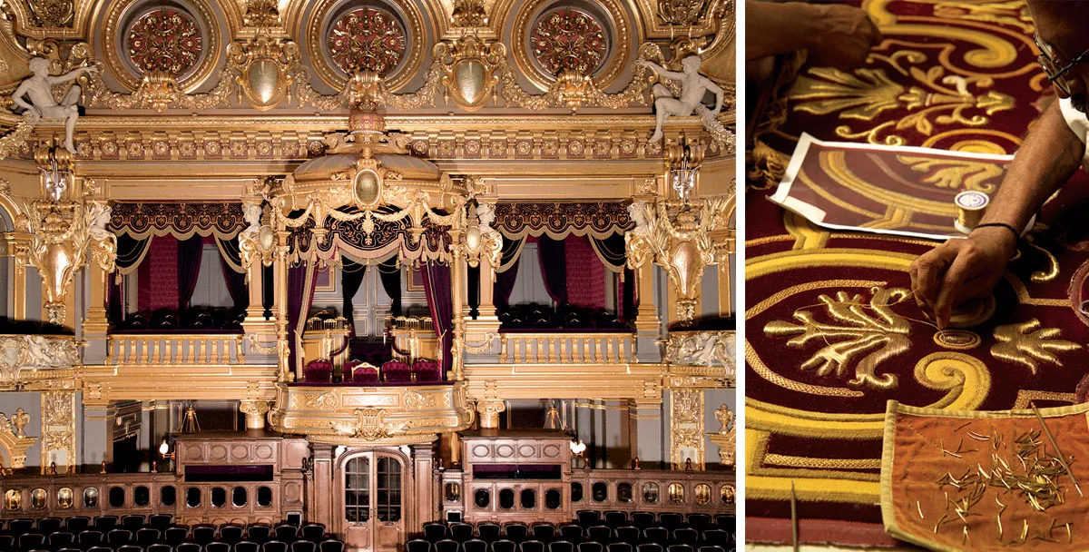 Left: Lesage Interieurs crafted these beautiful neo-Louis XV pelmets of the Prince Lodge Opera Garnier of Monte Carlo. Right: The identical reproduction of the extravagant décor in Opera Garnier of Monte Carlo. Photo courtesy of MONTE-CARLO Société des Bains de Mer; Photo courtesy of Lesage Interieurs