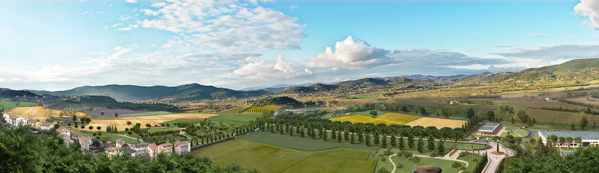The view from Solomeo stretches out into the Umbrian countryside, dotted with farms and pastures.